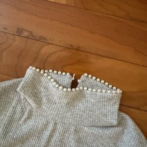 Grey Ribbed Turtleneck with Pearl Trim